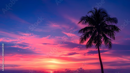 Silhouette of a lone palm tree against a dramatic sunset sky