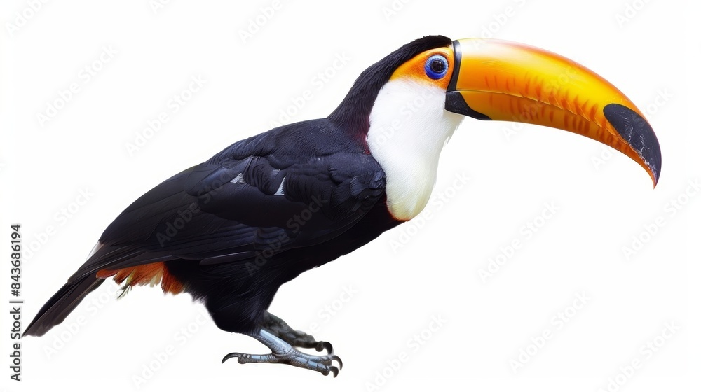 Naklejka premium Serene toco toucan displays a stunning array of vibrant colors against a pure white backdrop