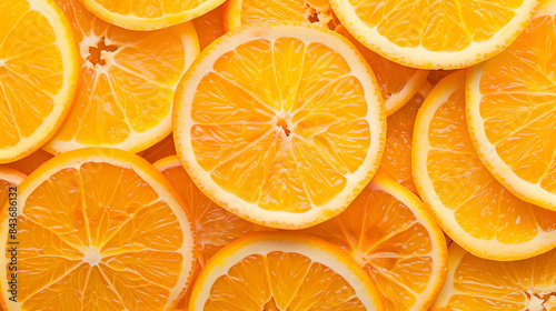 A close-up of many orange slices. The slices are cut in half and arranged in a pattern