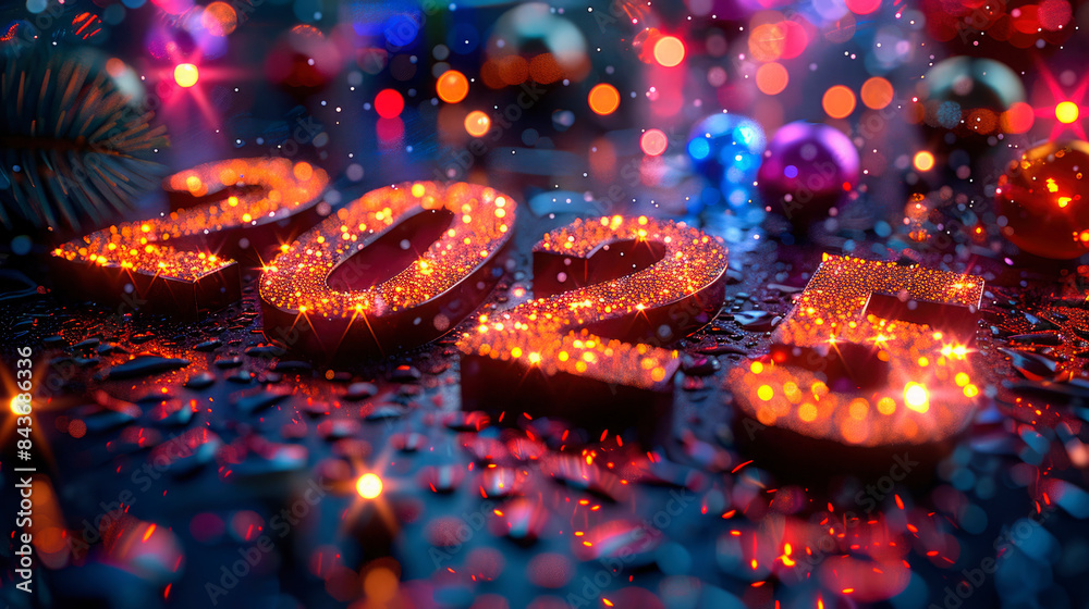 numbers 2025, symbol of the year for the calendar, shiny in New Year's decor, sparkle, side view numbers 2025, symbol of the year for the calendar, shiny in New Year's decor, sparkle, side view