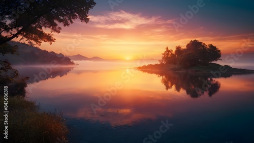 sunset in the mountains, beautiful sunrise, fantasy-like. Generative AI © Borys