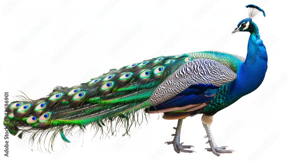 Fototapeta premium The magnificent peacock flaunts its colorful and shimmering plumage against a pristine backdrop, radiating exotic allure and grace
