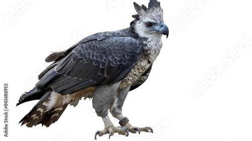 Majestic harpy eagle stands proudly on a white background  exuding power and grace with its fierce gaze and impressive talons