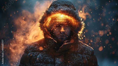 A man wearing a warm coat with a hood on his head, standing in front of a fire. The fire is casting a warm glow on his face, and he appears to be looking into the distance. © Gayan