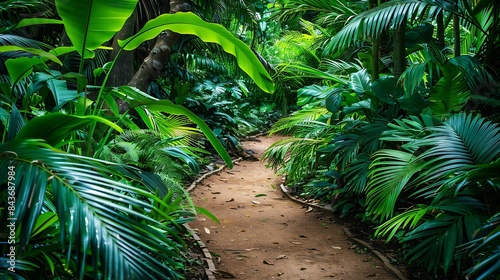 A fork in the beautiful walking trail leading through lush green plants   Generative AI