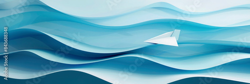 origami paper airplane on wavy background with curves, 3D sea, empty space for text, for a banner