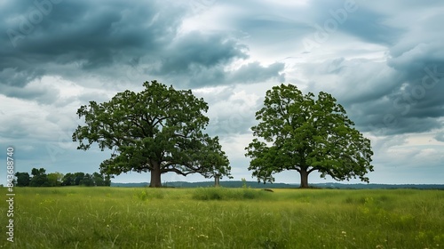 Fort Griswold Battlefield State Park monument and giant oak trees on the meadow Tranquil pasture landscape on a cloudy day : Generative AI photo
