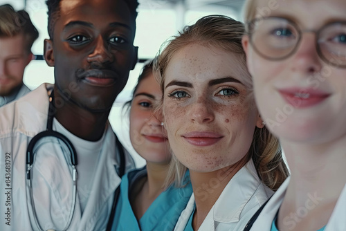 Group of young, diverse doctors or healthcare professionals working together in a hospital or medical setting