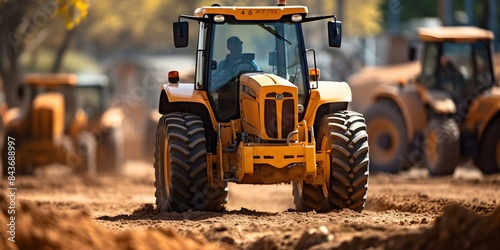 Advertising background with construction machinery like tractors bulldozers and excavators for firms. Concept Construction Machinery, Advertising Background, Tractors, Bulldozers, Excavators photo