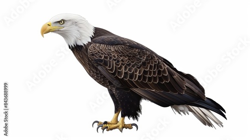 Proud bald eagle stands majestically against a white background  symbolizing power and freedom as a fierce predator in nature