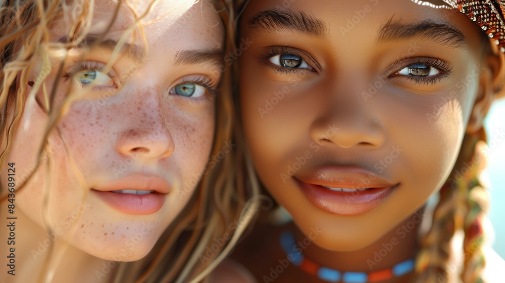 Close-up of two young women with diverse backgrounds showcasing natural beauty and friendship. Close-up of two young women with diverse backgrounds showcasing natural beauty and friendship.