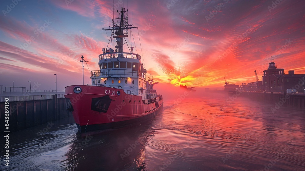 A large red and white ship is sailing in the ocean at sunset, with a beautiful pink sky in the background. The ship is moving through the water, creating a serene and picturesque scene. A large red and white ship is sailing in the ocean at sunset, with a beautiful pink sky in the background. The ship is moving through the water, creating a serene and picturesque scene.