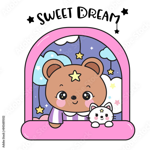 cute teddy bear and cat in window sweet dream fairy tales