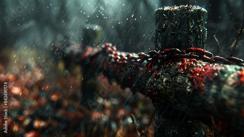 A dark and stormy scene with a monster holding a chain and surrounded by a crowd of people. The monster appears to be wielding a weapon and is covered in blood and gore. photo