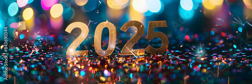 A golden number 2025 is glowing against the background of fireworks and confetti. reflecting light on an abstract blurred dark gradient with bokeh lights. New Years concept 