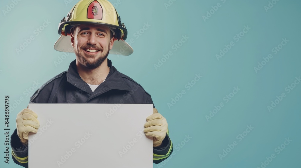 Smiling female firefighter holding a blank message board Smiling female firefighter holding a blank message board