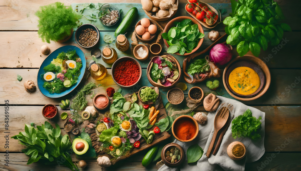 Fototapeta premium Fresh Harvest of Vegetables and Herbs with Culinary Ingredients