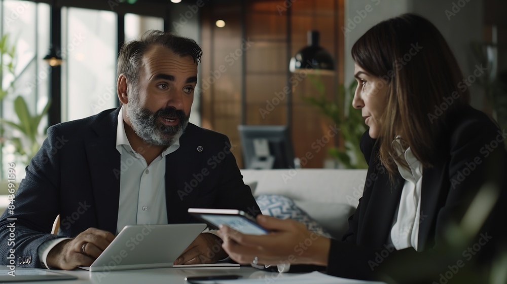 Team of diverse partners mature Latin business man and European business woman discussing project on tablet sitting at table in office Two colleagues of professional business people wo : Generative AI Team of diverse partners mature Latin business man and European business woman discussing project on tablet sitting at table in office Two colleagues of professional business people wo : Generative AI