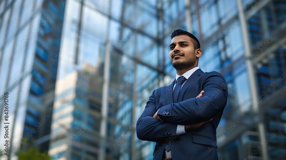 Confident rich eastern indian business man executive standing in modern big city looking and dreaming of future business success thinking of new goals business vision and leadership co : Generative AI