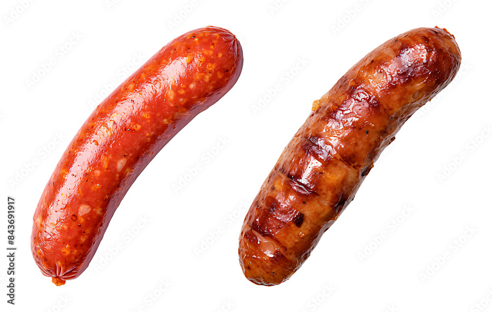 Sausages, one raw and one grilled, showcasing their contrasting textures and readiness for culinary creations. Sausages, one raw and one grilled, showcasing their contrasting textures and readiness for culinary creations.