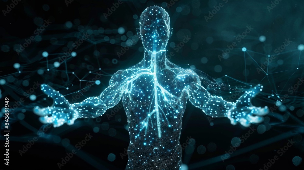 Glowing hologram of human body 3D structure with dark background. Glowing hologram of human body 3D structure with dark background.