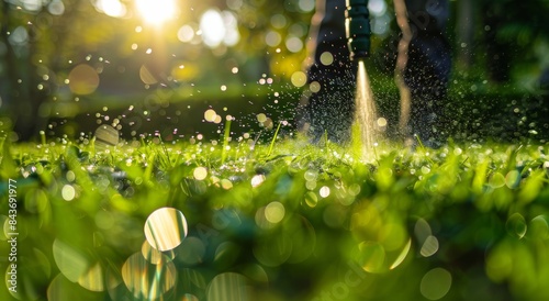 Watering Grass Lawn With A Hose On A Sunny Day