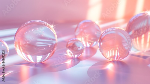Pastel geometric shapes, floating spheres, smooth gradients, abstract forms, 3D abstraction