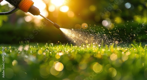 Watering Grass Lawn With A Hose On A Sunny Day
