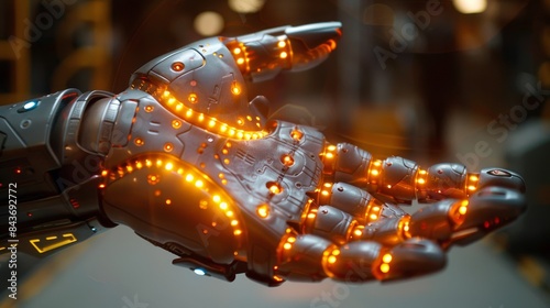Illuminated Robotic Hand Reaching Out in an Industrial Setting