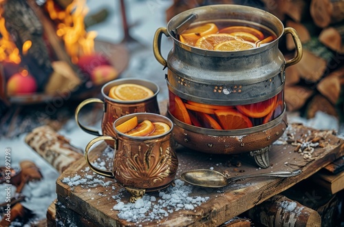 Warm Drinks and Snacks Enjoyed on a Snowy Forest Trail in the Late Afternoon