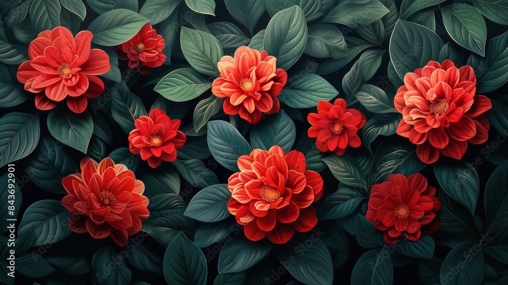 Vibrant Red Hibiscus Flowers Amidst Lush Green Foliage Vibrant Red Hibiscus Flowers Amidst Lush Green Foliage