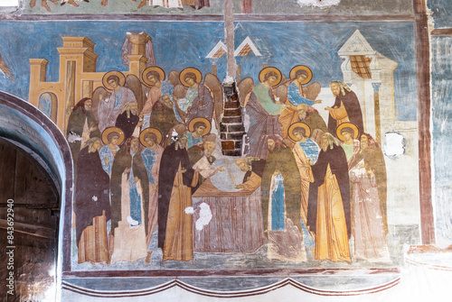 Interior of the cathedral of the Nativity of the Virgin in the Ferrapontov Monastery. Frescoes of Dionysius, The northern wall, the vision of Eulogius, 1502.  photo