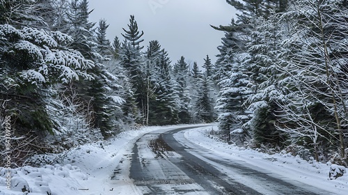 The entrance road to PeaksKenny State Park in Maine passing through a sprucefir forest A snow covered landscape after the first winter storm : Generative AI photo