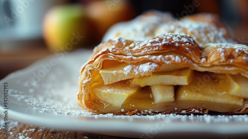 Homemade apple strudel with powdered sugar on wooden table close up photo