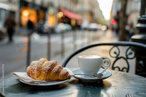 White cup of coffee to go and croissant lying on white saucer with a fork and napkin on a table outdoors on Paris street with blurred city background