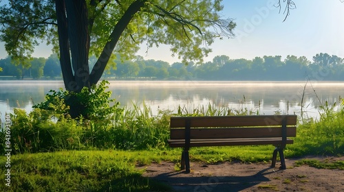 Empty Bench on a summers morning Alcie Wyth Lake George Wyth State Park Waterloo Iowa : Generative AI
