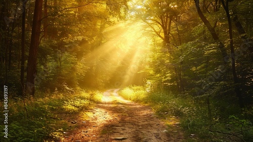 Beautiful forest path illuminated by golden sunlight filtering through the trees  depicting a serene and tranquil natural scenery.