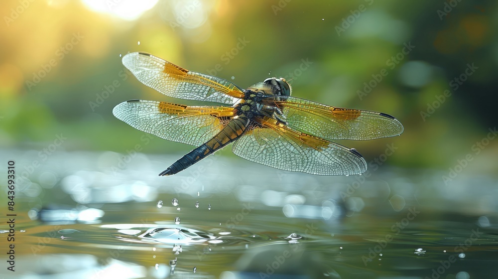 Naklejka premium A dragonfly hovering above a pond, its wings glistening in the sunlight.