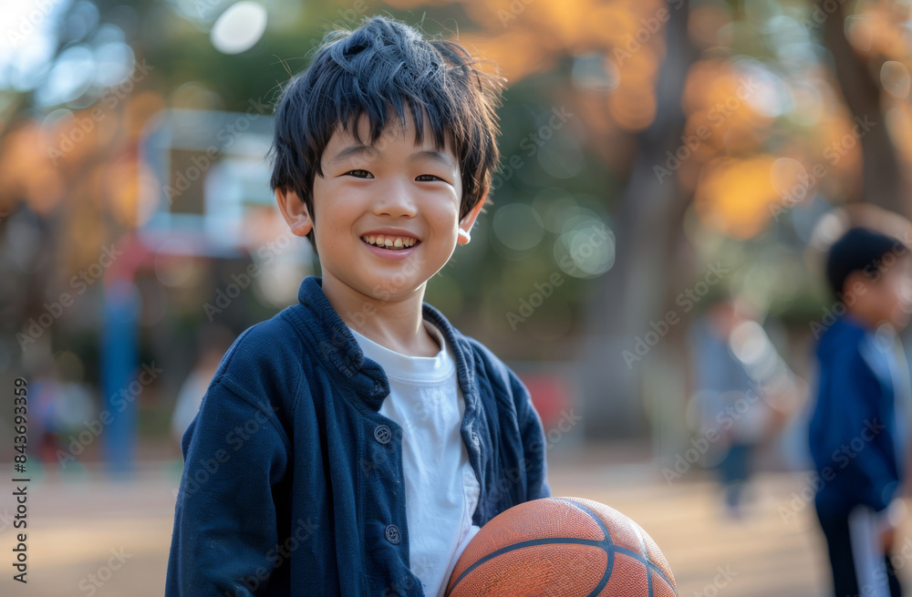 Young Boy Smiling While Holding Basketball in Park Young Boy Smiling While Holding Basketball in Park