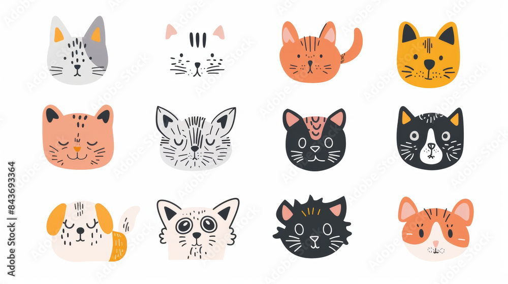 Flat Vector illustration of cute cat. Collection sets
