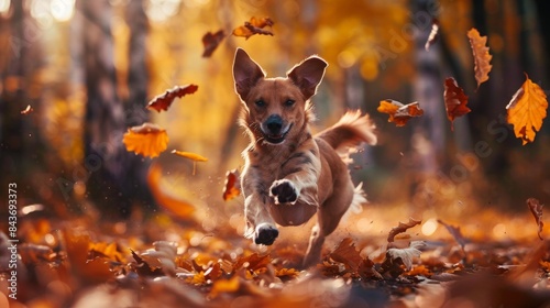 Dog play in Autumn woods with beautiful foliage