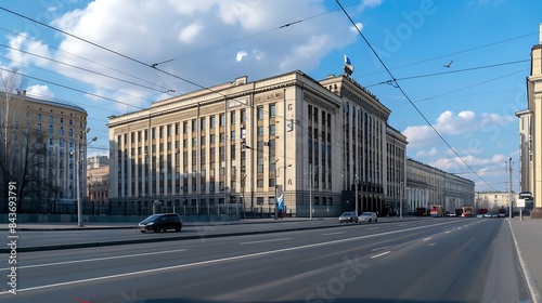Building of State Duma of Russia inscribed  State Parliament Deserted Okhotny Ryad street Moscow Russia : Generative AI photo