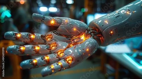 Illuminated Robotic Hand Reaching Out in an Industrial Setting