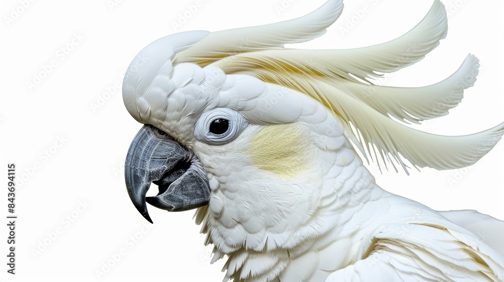 Elegant white parrot with a striking yellow crest is showcased against a clean white background, capturing the intricate details of its plumage, beak, and eye in vibrant color Elegant white parrot with a striking yellow crest is showcased against a clean white background, capturing the intricate details of its plumage, beak, and eye in vibrant color