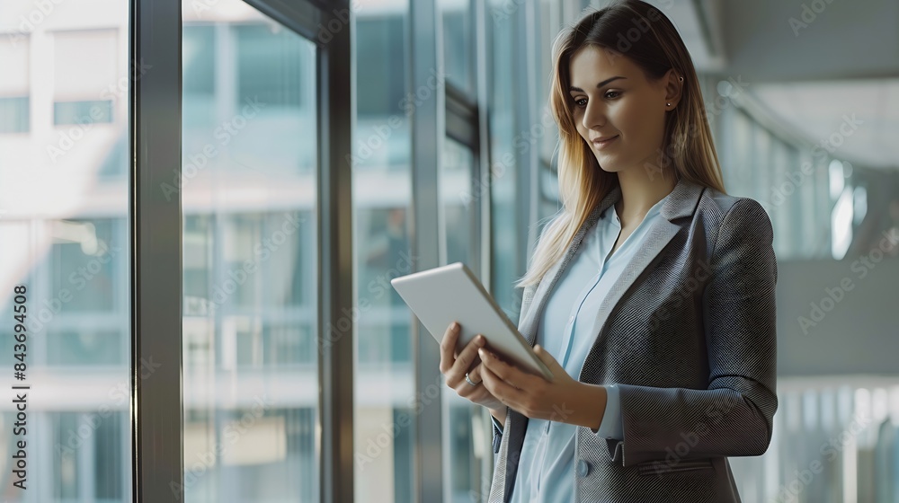 Young happy businesswoman using digital tablet while standing by the window in the office and looking at camera Copy space : Generative AI Young happy businesswoman using digital tablet while standing by the window in the office and looking at camera Copy space : Generative AI