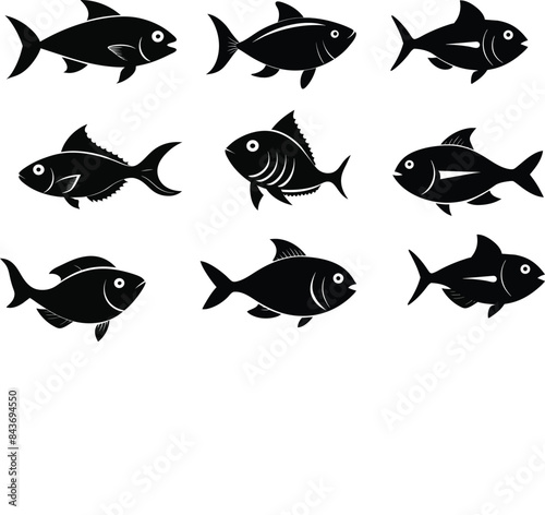 Set of black fish icon black silhouette fisheries vector