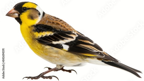 European serin with vibrant yellow plumage perched against a white backdrop, gazing to the side photo