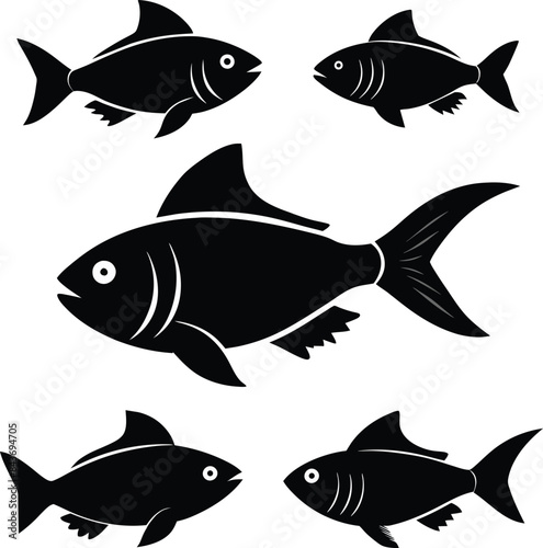 Set of black fish icon black silhouette fisheries vector