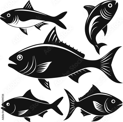 Set of black fish icon black silhouette fisheries vector