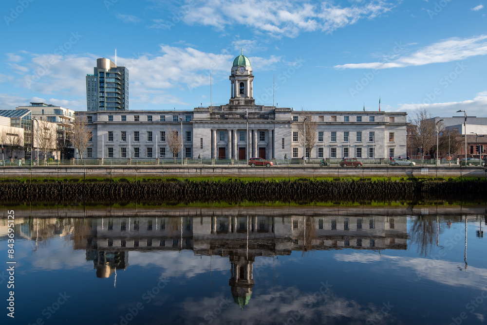 Cork city hall building reflected on river lee Ireland Europe Cork city hall building reflected on river lee Ireland Europe